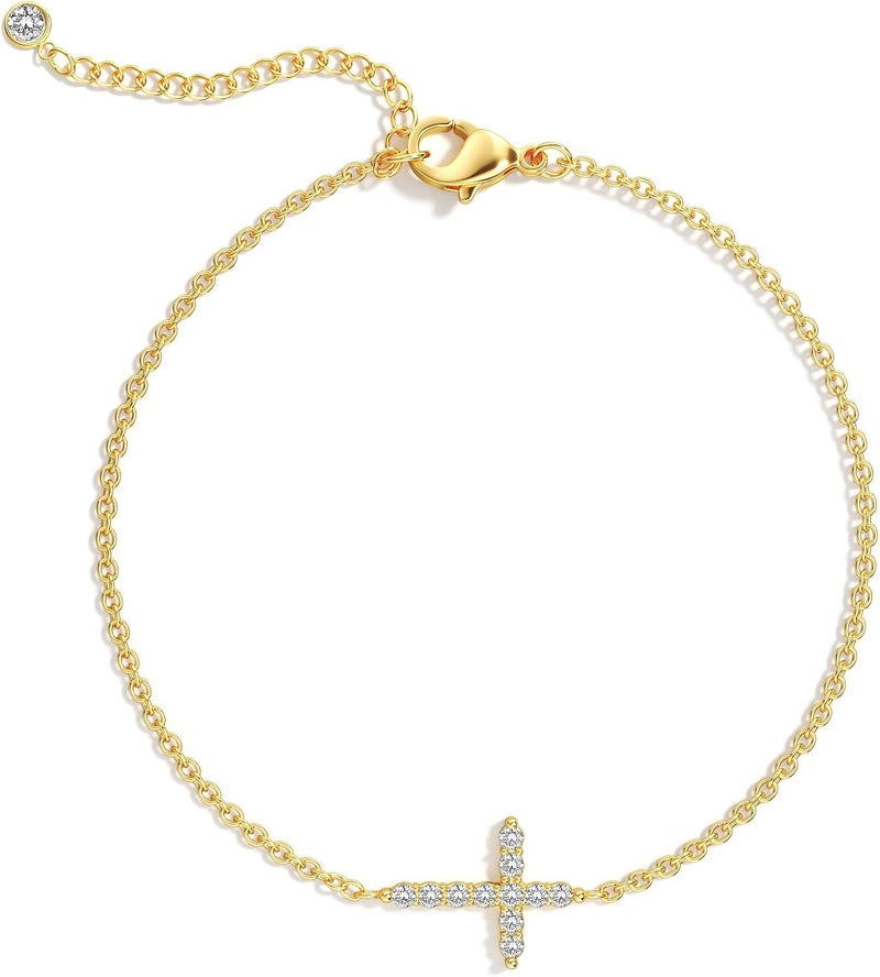 Moodear Valentines Day Gifts for Her, Dainty 925 Sterling Silver/14k Gold Plated CZ Cross Bracelet Layered Snake Pearl Chain Knot Bracelets for Women Trendy Religious Christian Jewelry - Image 1
